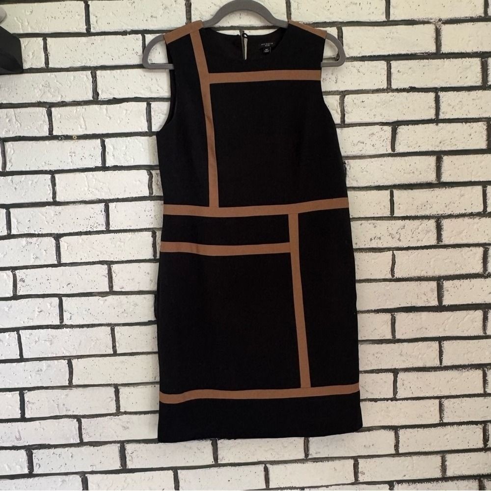 Ann Taylor Black Brown Geometric Sheath Mini Dress 8P Sleeveless Crew Neck